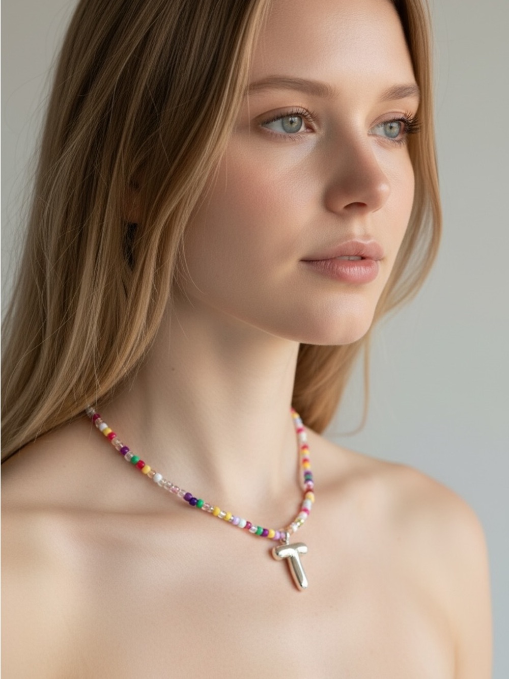 10/2 Multicolor Beaded Necklace with Silver T Pendant